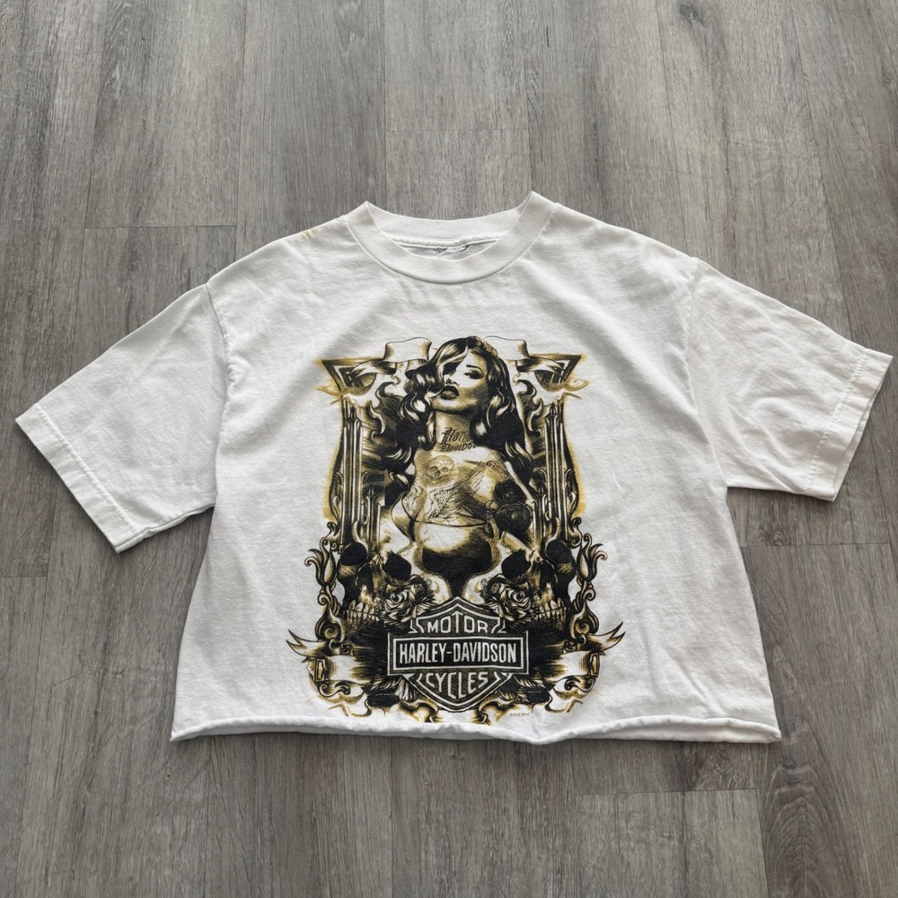 Harley-Davidson Baltimore Cropped Pin Up Girl Graphic T-Shirt White 2014 Women L